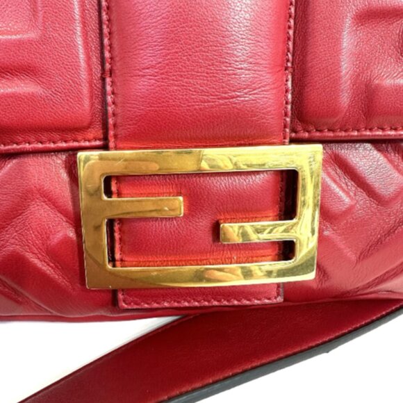 Fendi Zucca Embossed Baguette Red Calf Leather Satchel - Picture 5 of 8